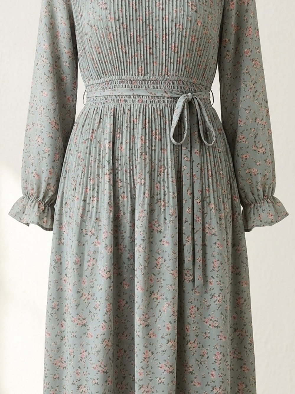 Floral Pleated Long-Sleeve Midi Dress in Sage with Tie Waist